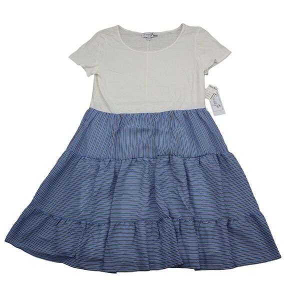 Everlily Dress Womens M White Top Blue Stripe Tiered Bottom Midi NWT - Picture 1 of 16